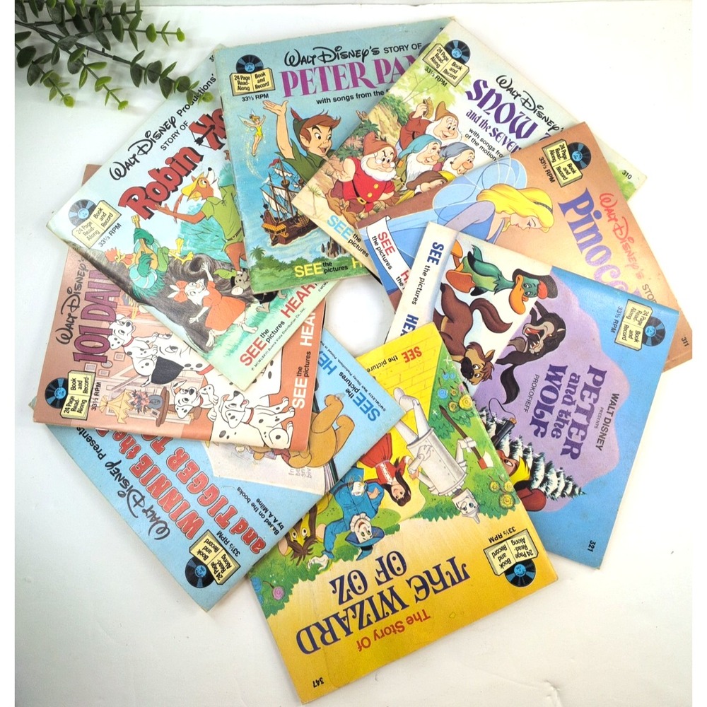 VNT LOT 9🚨Walt Disney READ ALONG RECORD BOOK Classics Wizard Winnie Snow Robin